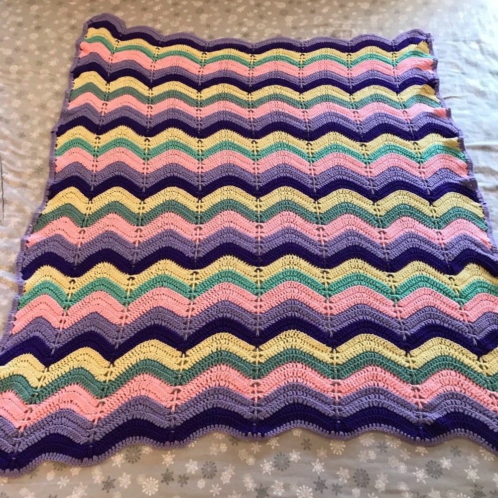 Vintage 80s Handmade Crochet Afghan Lap Blanket Purple Pink Green Yellow Acrylic